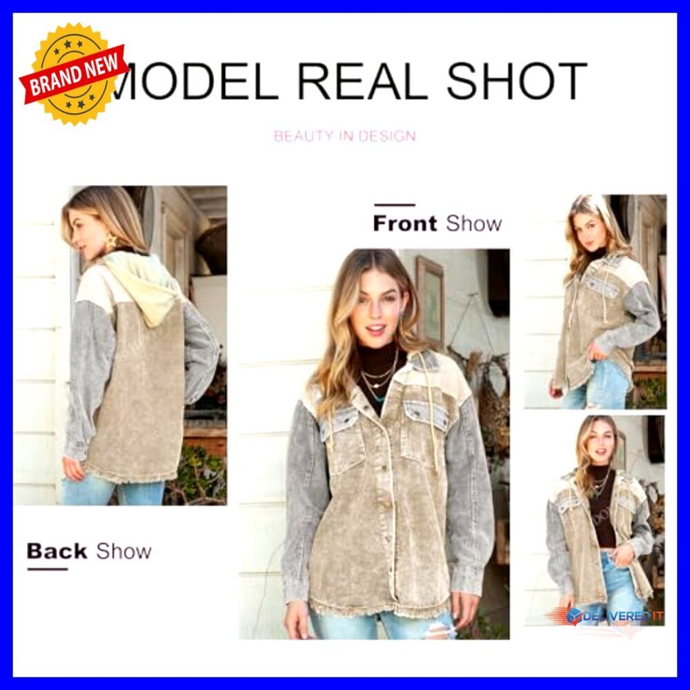 Corduroy Shacket Jacket Oversized Chic Button Down Hooded Coat with Pockets - Picture 5 of 7